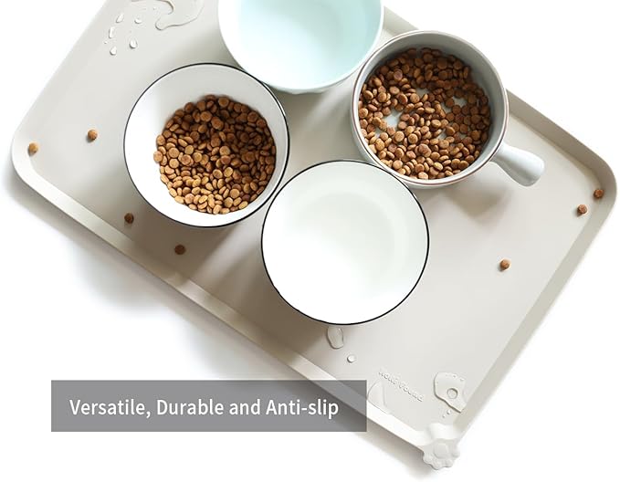 Hoki Found L Silicone Pet Food Mats - Non Slip Cat &amp; Dog Bowl Mats - Waterproof &amp; Carpet Safe - Cream Brown