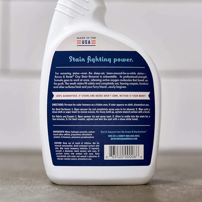 Rocco &amp; Roxie Oxy Stain Remover - Oxygen Powered Carpet Cleaner Spray - Spot Cleaner for Upholstery, Couch, Laundry, Rug, Clothes, Car Seat, Mattress, Sofa, and More. - Pet &amp; Baby Stains