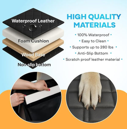APetsPlanet Dog Car Seat Cover for Back Seat Hard Bottom - Waterproof Backseat Extender for Dogs - Pet Hammock Bed for Car, Truck, SUV with Mesh Window &amp; Storage - Black Leather, with Door Covers