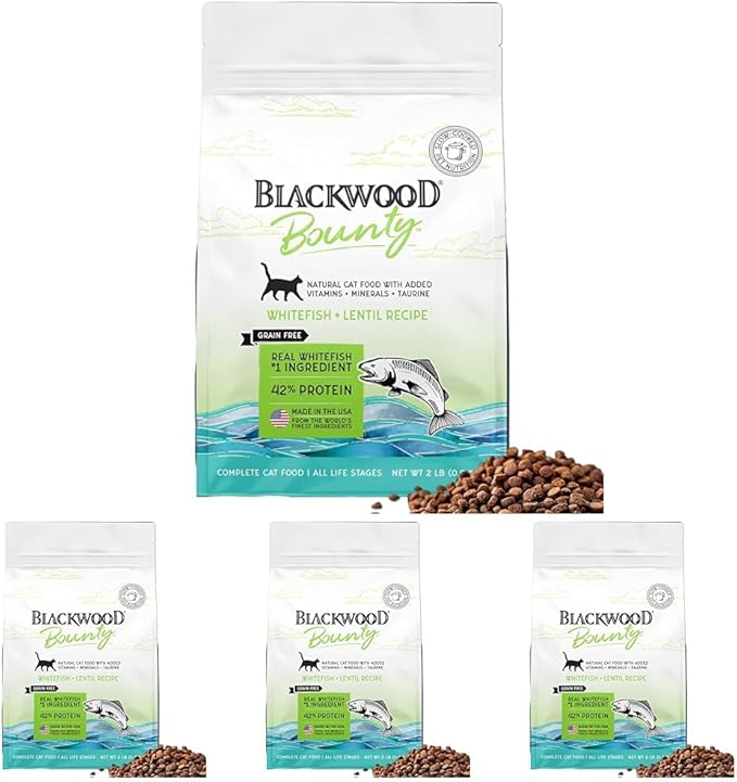 Blackwood Bounty Dry Cat Food, Whitefish &amp; Lentil Recipe for All Life Stages, 2 Pound Bag, High Protein, Grain Free (Pack of 4)