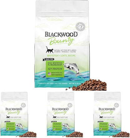 Blackwood Bounty Dry Cat Food, Whitefish &amp; Lentil Recipe for All Life Stages, 2 Pound Bag, High Protein, Grain Free (Pack of 4)