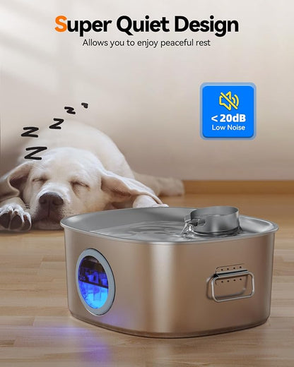 Dog Water Fountain Stainless Steel, 11L/2.8Gal Large Pet Fountain for Large Dogs Inside, Dog Fountain Water Bowl Dispenser with Visible Window &amp; LED, Ultra Quiet for Multi-Pet (Filters)