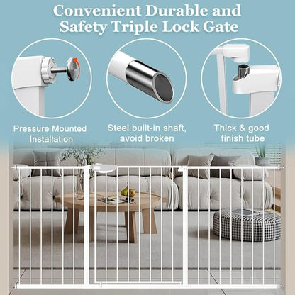 WAOWAO Triple Lock Baby Gate Extra Wide 57.87-62.59" Pressure Mounted Walk Through Swing Auto Close Safety White Metal Dog Pet Puppy Cat for Stairs,Doorways,Kitchen