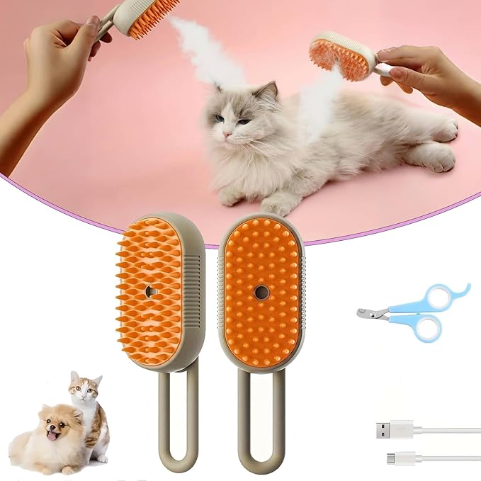 Puffease Cat Steam Brush, Spritz Defur Comb for Cats, Quick &amp; Easy Pet Hair Remover, Massaging &amp; Deshedding - Anti-Static, Moisturizing, USB Rechargeable for Dogs &amp; Cats (Brown)