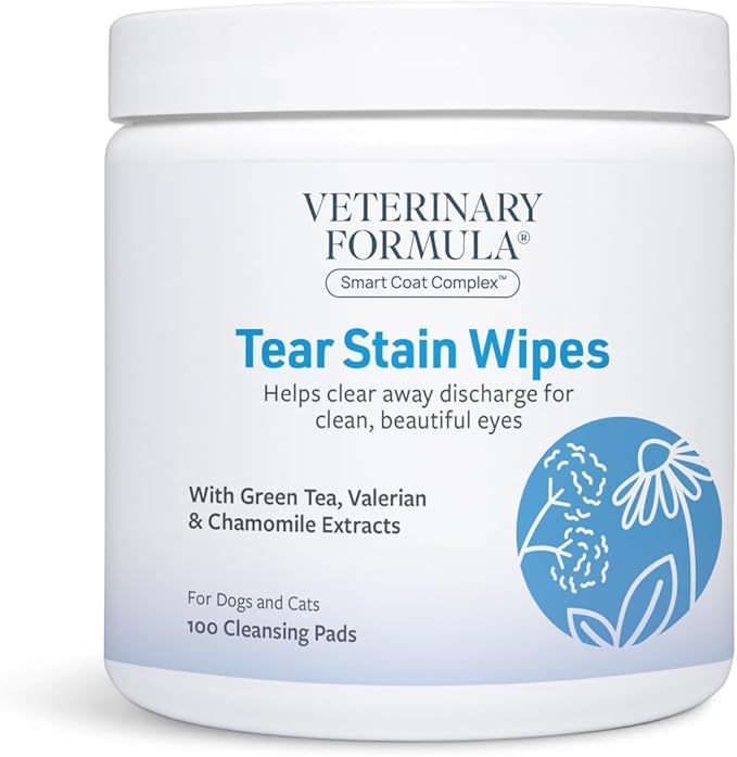 Veterinary Formula Smart Coat Complex Tear Stain Wipes for Dogs &amp; Cats, 100 ct – Gently Wipe Away Debris and Clean Stains Around The Eyes of Pets, Fragrance-Free and Pre-Saturated