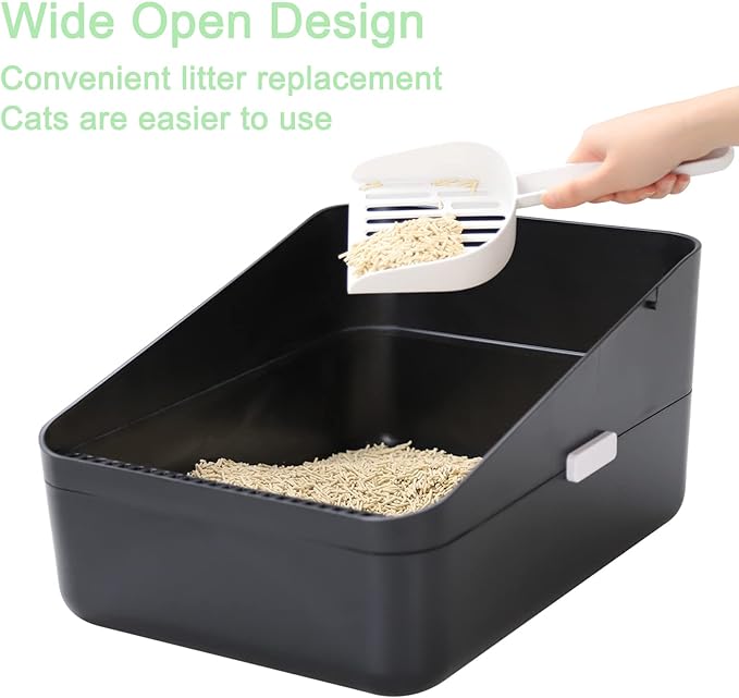 Sfozstra Open Top Litter Box: Black Medium Size with High Sides &amp; Anti Leak Design, Easy Clean Litter Pan for Home Cats