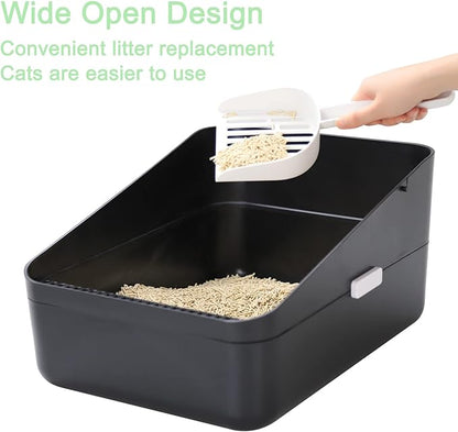 Sfozstra Open Top Litter Box: Black Medium Size with High Sides &amp; Anti Leak Design, Easy Clean Litter Pan for Home Cats