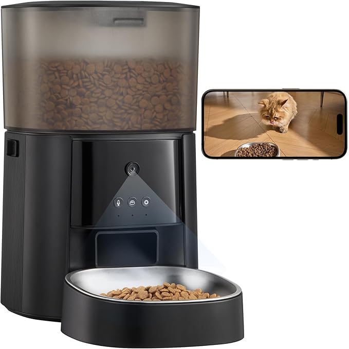 Automatic Cat Feeder with Camera &amp; Voice Interaction, WiFi/App Control, 4L Dry Food Dispenser for Cats &amp; Dogs with Freshness Preservation, Custom Feeding Times &amp; Portions, Dual Power