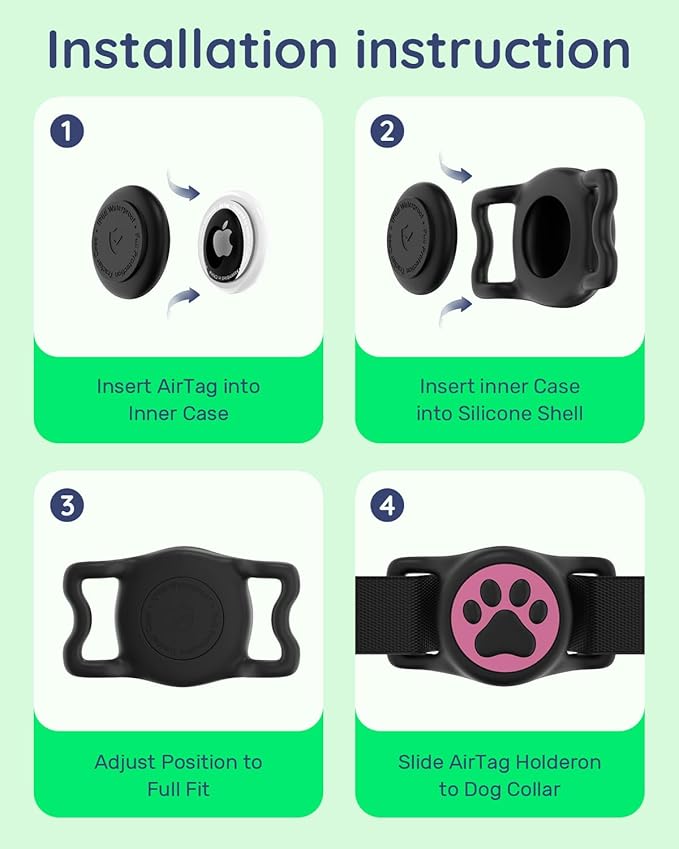 IP68 Waterpoof Dog Air tag Holder, Stretchy Silicone Full Body Covered Apple Air Tag Holder for Dog Cat Collar Fit All Width Collar (Black &amp; Rose, 1 Pack)