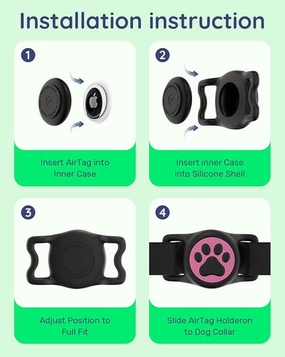 IP68 Waterpoof Dog Air tag Holder, Stretchy Silicone Full Body Covered Apple Air Tag Holder for Dog Cat Collar Fit All Width Collar (Black &amp; Rose, 1 Pack)