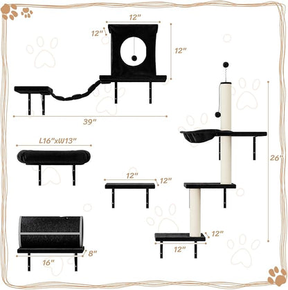 NUNU LAB Wall Mounted Cat Furniture, 7 Pcs Cat Wall Shelves with House, Tunnel, Bridge, Steps, Scratcher, Hammock, Bed, Indoor Safe &amp; Stable Furniture for Kittens Play, Black