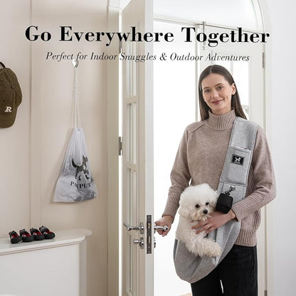Dog &amp; Cat Carrier Sling, Adjustable Soft Padded Shoulder Puppy Carrier, Hands-Free Dog Carrier Bag with Double Safety Buckles Premium Material for Outdoor Travel (Light Gray, L)