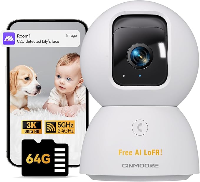 3K Pet/Dog Camera Indoor w/Phone App, No Monthly Fee 64GB Local Storage &amp; AI Tracking Face ID, 2.4/5GHz WiFi Cameras for Home Security Baby Monitor, Pan/Tilt, 2-Way Talk