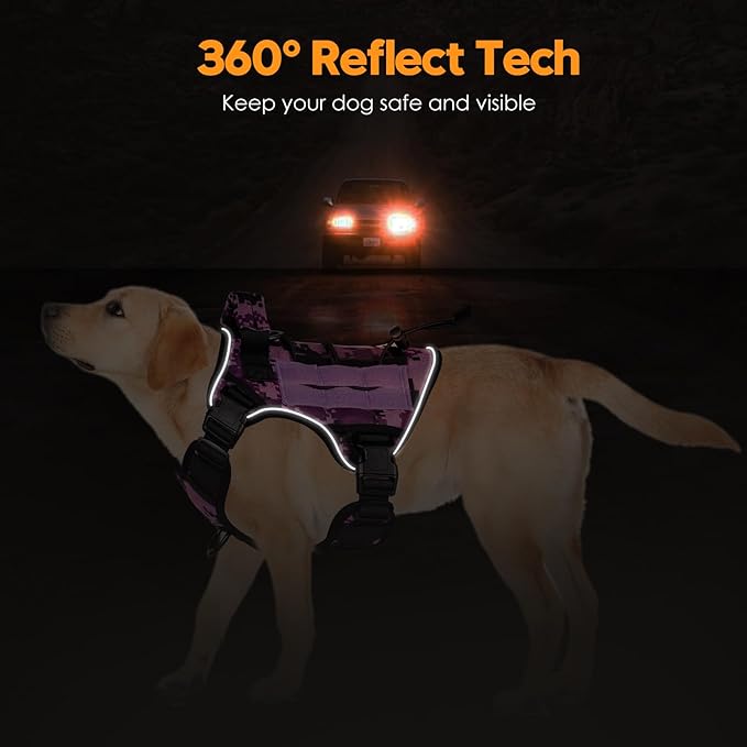 Heavy-Duty Tactical Dog Harness for Large Dogs, No Pull Adjustable Reflective Pet Vest with Molle System, K9 Military-Grade Control for Service Training, Outdoor &amp; 10+ Breeds, Purple Camo, Small