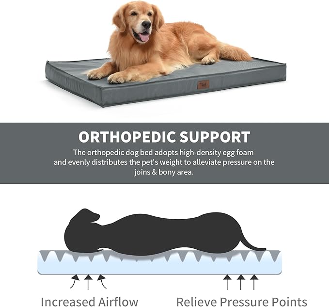 Outdoor Dog Bed for Medium Dogs, Waterproof Dog Crate Bed for Puppy Beds, Orthopedic Egg Crate Foam Pet Bed with Washable and Removable Oxford Cover, Grey