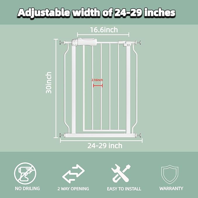 TSAYAWA Narrow Baby gate Baby Safety Gate 24.02-29Inch Auto Close Child Gates, Pressure Mounted Gate for Stairs &amp; Doorways, Indoor/Outdoor Heavy-Duty Pet Gate for Toddlers, Dogs, White