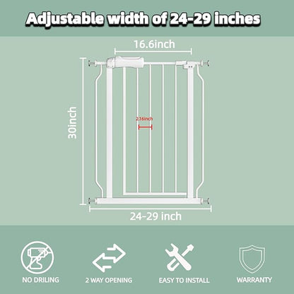 TSAYAWA Narrow Baby gate Baby Safety Gate 24.02-29Inch Auto Close Child Gates, Pressure Mounted Gate for Stairs &amp; Doorways, Indoor/Outdoor Heavy-Duty Pet Gate for Toddlers, Dogs, White