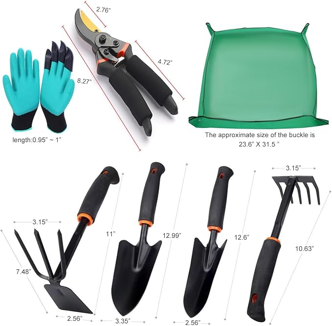 Premium 8-Piece Garden Tools Set – Heavy Duty Carbon Steel with Rust-Proof Coating, Ergonomic Handles, SK-5 Pruning Shears, Waterproof Repotting Mat &amp; Storage Tote Bag – Ideal Gift for Gardeners