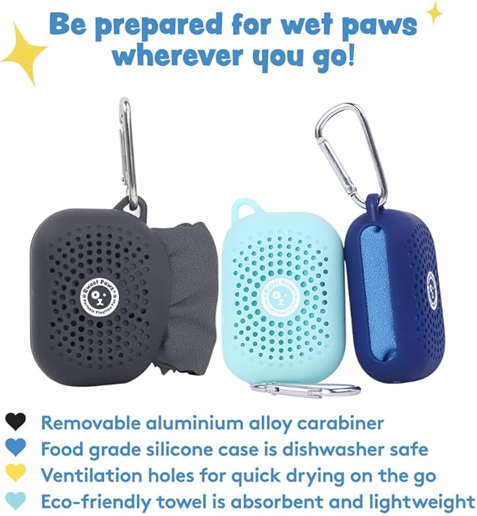 Sweet Paws Portable Dog Paw Towel, Lightweight &amp; Super Absorbent Microfiber, Clips onto Leash, Quick Drying Towel for Dogs Paws with Silicone Case, Dry Dog’s Paws on The Go - Large - Newport Navy