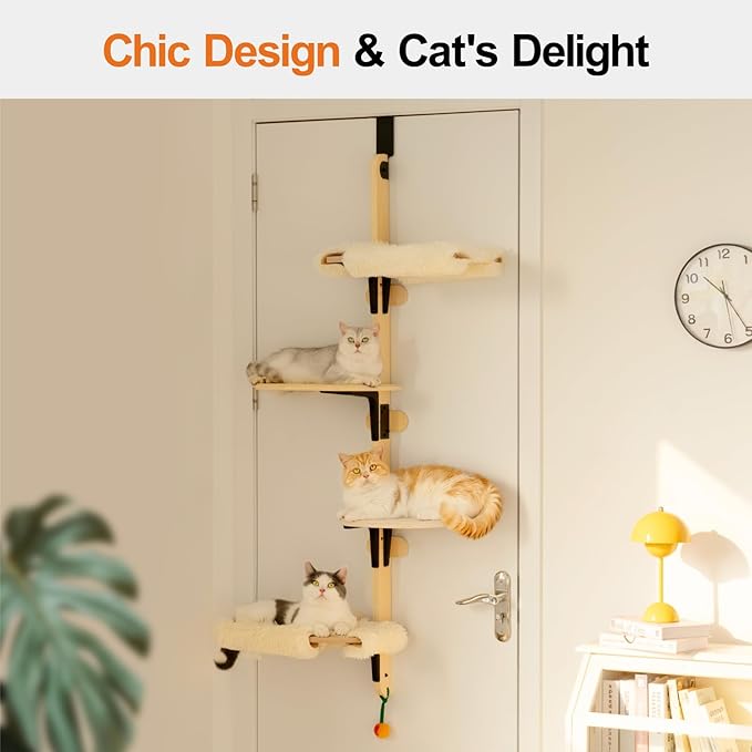 MEWOOFUN Cat Climbing Shelves Tree, 4-Levels Over Door Cat Climber for Jumping, Stable Cat Stairs Hammock for Kittens &amp; Adult Cats (Wooden-65 H x 26.8” L x 13.8” W)