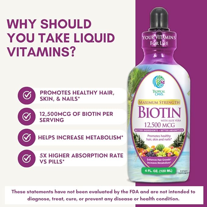 Maximum Strength Liquid Biotin Drops w/ 12,500 MCG – Best Vitamins for Fast Hair Growth, Reduced Hair Loss, Healthy Skin &amp; Strong Nails -5X More Potent Than Pills– Max Absorption, Vegan– 4oz, 30 Serv