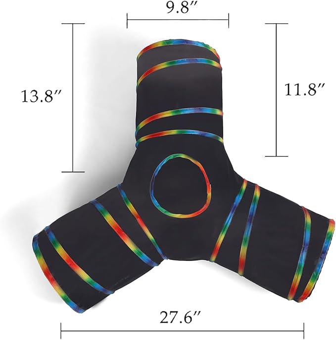 LUCKITTY Cat Tunnels Tube Toy with Plush Ball &amp; Cat Wand Feather Toys-Portable Tattaff Waterproof Washable-Interesting Geometric Pattern Collapsible-3 Way Black Rainbow