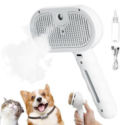 Cat Steam Brush, 3 in 1 Pet Spray Hair Removal Comb for Shedding &amp; Grooming, Pet Grooming Brush with Spray, One-Click Release Button and Tank, Spritz Defur Comb for Cats Dogs, Effective(White)