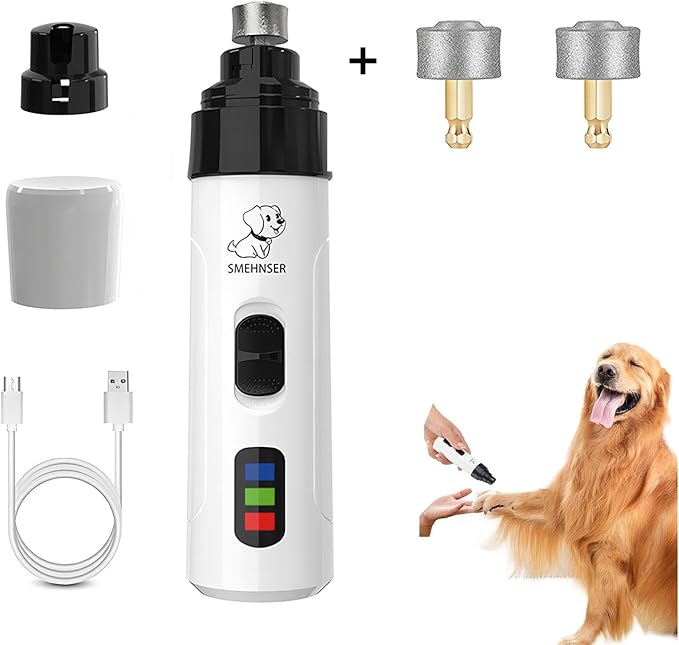 Electric Dog Nail Grinder - USB Rechargeable Electric Nail Trimmer with 3 Diamond Grinding Heads for Small to Large Dogs &amp; Cats