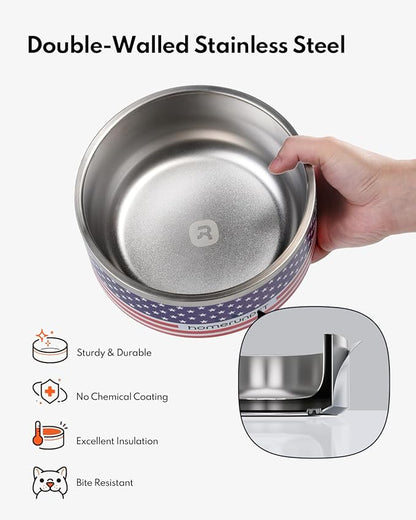 Homerunpet Double Wall Stainless Steel Dog Bowls, Non-Slip Base, Dishwasher Safe, Durable Pet Food &amp; Water Bowl for Dogs &amp; Cats(32oz, American Flag)