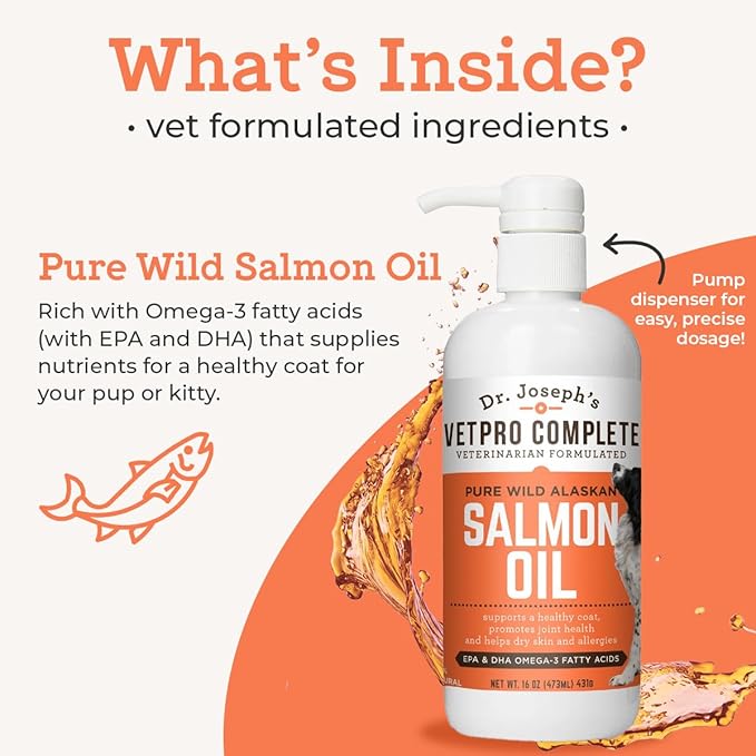 VetPro Complete Wild Alaskan Salmon Oil Formula Supplement for Dogs &amp; Cats, 16 Ounces, Omega 3 &amp; 6 Liquid Fish Oil, EPA + DHA Fatty Acids, Coat &amp; Joint Support, Helps Dry Skin &amp; Allergies, Add to Food