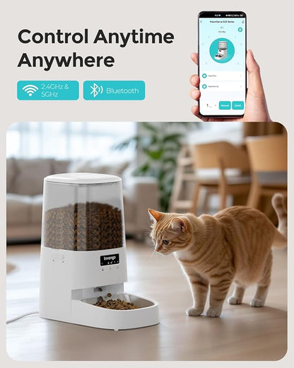 Cat Feeder Automatic - Cat Food Dispenser MeowServe S20, Auto Dog Feeder with Stainless Steel Bowl, 5L Pet Feeder with Patented Anti-Jam Port, App, Dual Lock Lid, Dual-Band WiFi &amp; Power, White