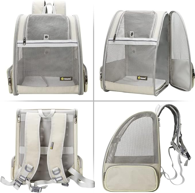 Texsens Pet Backpack Carrier for Small Cats Dogs | Ventilated Design, Safety Straps, Buckle Support, Collapsible | Designed for Travel, Hiking &amp; Outdoor Use (Creamy White)