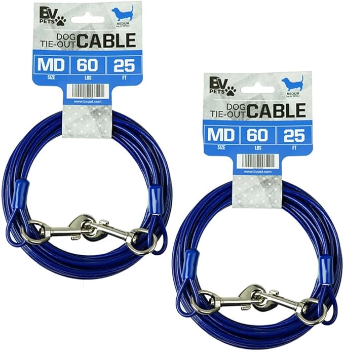 BV Dog Tie Out Cable 25 Feet - Heavy Duty Dog Lead Up to 60 Pounds - Reflective &amp; Rust-Free with Quick Release Swivel Clips &amp; 360° Rotating Clasp - Tangle-Free Dogs Runner for Yard (Blue, Pair)