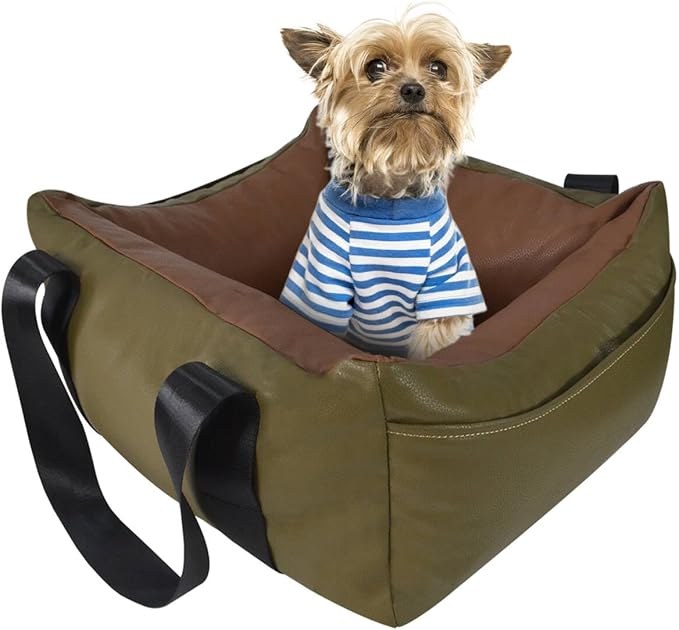Dog Car Seat for Small Dogs, Large Leather Dog Car Bed with Storage Pocket, Waterproof PVC Leather Booster Seat Travel Bed for Front &amp; Back Seat, Clip-On Safety Leash (Green/Brown)