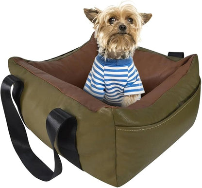 Dog Car Seat for Small Dogs, Large Leather Dog Car Bed with Storage Pocket, Waterproof PVC Leather Booster Seat Travel Bed for Front &amp; Back Seat, Clip-On Safety Leash (Green/Brown)