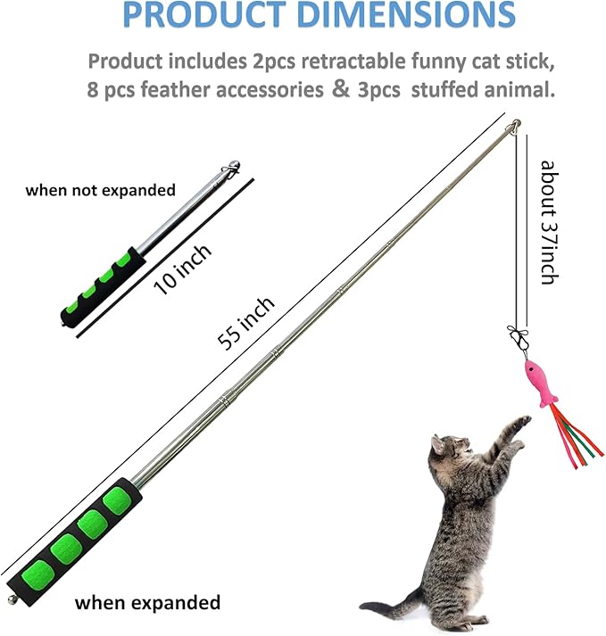 2pcs Retractable Wand Toys, Cat Fishing Rod with 11 Pcs Feather Refills for Indoor &amp; Outdoor Cats
