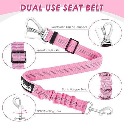 Lukovee Dog Seat Belt for Car, Adjustable Dog Car Harness for Large Medium Small Dogs, Soft Padded &amp; Breathable Mesh Dog Seatbelt with Car Strap and Carabiner(Pink Double Clip,Small)