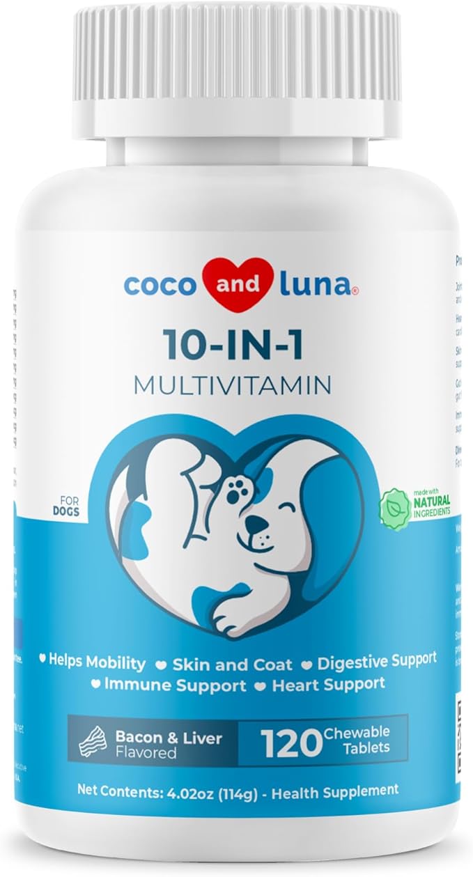 10 in 1 Multivitamin for Dogs - 120 Chewable Tablets with Glucosamine and Chondroitin - Fish Oil &amp; Vitamins with Coq10 for Skin &amp; Heart Health, Gut &amp; Immune Support