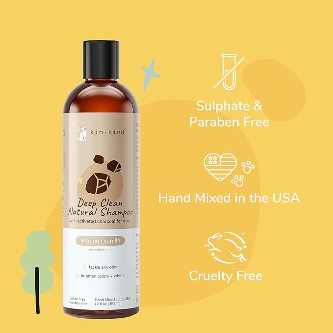 kin+kind Dog Shampoo - Deep Clean, Dirt &amp; Odor Remover w/Activated Charcoal for Dogs, Gentle Formula w/Natural Aloe, Olive Oil &amp; Coconut Oil, Pet Care &amp; Grooming Products, Almond &amp; Vanilla, 12 fl oz
