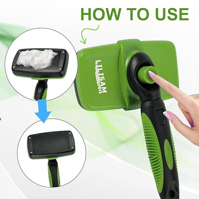 Pet Self Cleaning Slicker Brush and Grooming Comb - Gently Removes Loose Hair, Tangles, and Dirt - Skin Friendly Deshedding Grooming Tool for Hair Dogs &amp; Cats - Pet Supplies Accessories (Green)