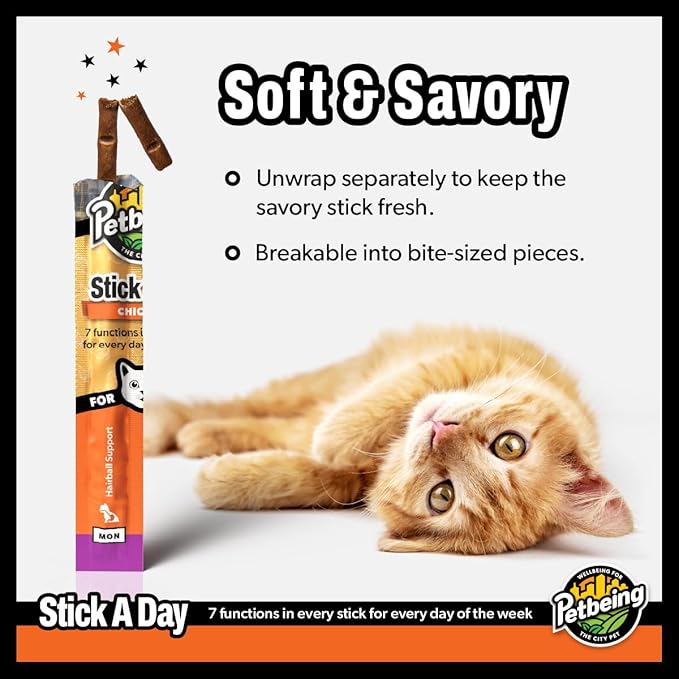 Stick a Day | Specially Formulated 7-in-1 Functions Daily Real Meat Supplement for Cats | Cat Chew Stick &amp; Pet Vitamins Supplements Combination (7-Pack x 4, Chicken)