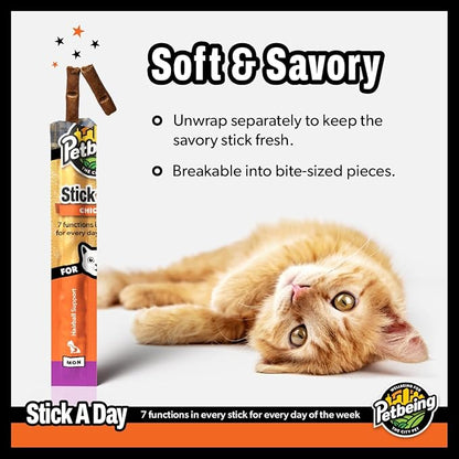 Stick a Day | Specially Formulated 7-in-1 Functions Daily Real Meat Supplement for Cats | Cat Chew Stick &amp; Pet Vitamins Supplements Combination (7-Pack x 4, Chicken)