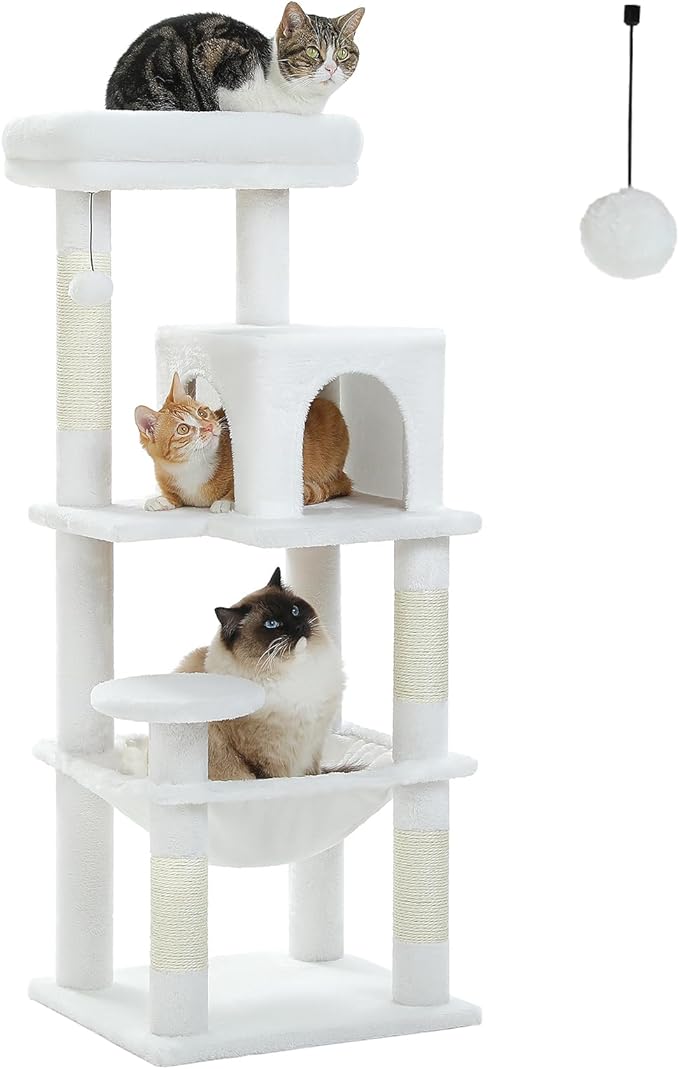 PETEPELA 45.7" Cat Tree for Large Cats, 5-Level Cat Tower for Indoor Cats with Large Hammock (17.3"x15.3"), Cat Condo with (18.5"x13") Big Top Perch &amp; 4 Sisal Covered Scratching Post, White