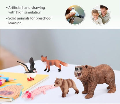Volnau Safari Animal Figurines Toys 12PCS North America Figures Zoo Pack for Toddlers Kids Christmas Decoration Gift Preschool Educational Bald Eagle Bear Salmon Salamander Jungle Forest Cake Topper