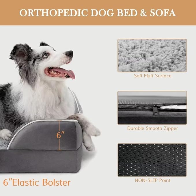 Comfort Expression Orthopedic Memory Foam Dog Beds for Giant Dogs, XXL Dogs Beds Washable, Waterproof Dog Beds with Bolster &amp; Removable Cover(XX-Large,Silver Grey)