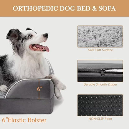 Comfort Expression Orthopedic Memory Foam Dog Beds for Giant Dogs, XXL Dogs Beds Washable, Waterproof Dog Beds with Bolster &amp; Removable Cover(XX-Large,Silver Grey)