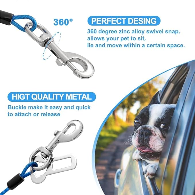 Dog Seat Belt Harness for Car,Dog Seatbelt of Coated Wire Leash Safety Restraint,No Chew Tether Cable Vehicle,Double Clips &amp; Latch(Blue, 16 inch/40 CM)
