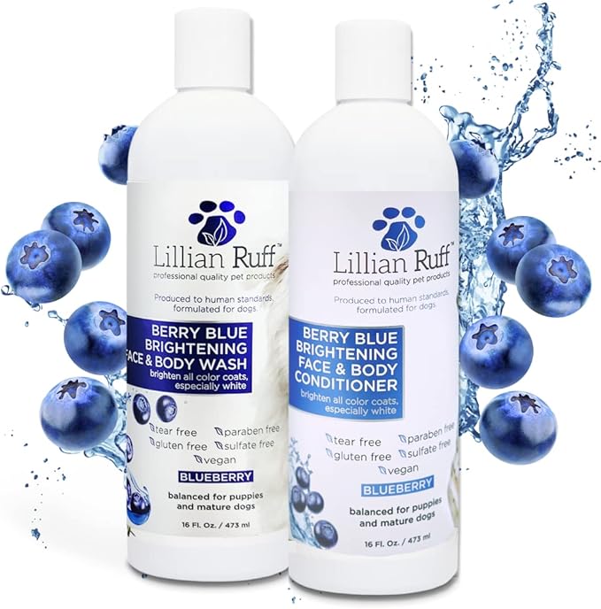 Lillian Ruff PRO Formula Berry Blue Brightening Dog Shampoo &amp; Conditioner Set - Professional Show-Quality Whitening, Stain &amp; Odor Eliminator, Hydrating Relief for Dry Skin, ProVitamin B5, USA Made