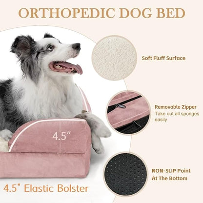 Comfort Expression Large Dog Beds Waterproof Orthopedic Foam Dog Beds for Large Dogs Sofa Comfy Pet Bed with Non-Slip Bottom &amp; Washable Removable Cover(Pink)