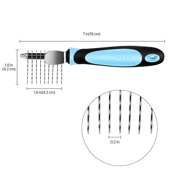 Flexzion Dogs Dematting Comb, Stainless Steel Blades Rakes, for Pets Cats Animals Matted Knotted Hair, Brush Cutting Removing Grooming Tool with Smooth Teeth Needle - Black &amp; Blue Handle